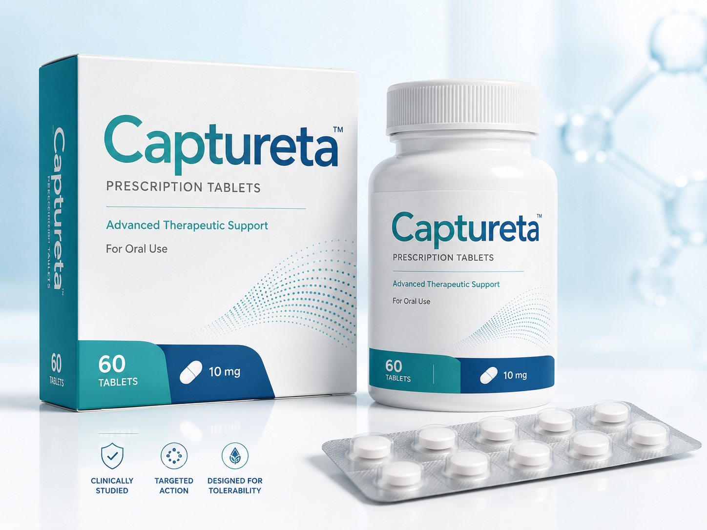 Example product mockup showing Captureta as a prescription tablet brand